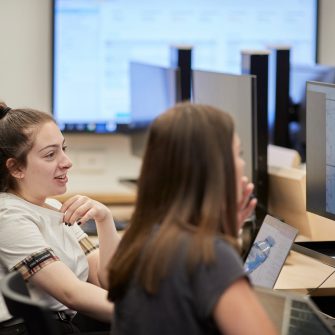 Students studying on computers in the business school computer lab.