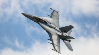 MELBOURNE, AUSTRALIA - MARCH 25: An Royal Australian Air Force FAA18F Super Hornet performs in a public display above Melbourne on March 25, 2017