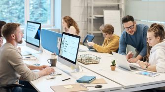 A group of people working in an office