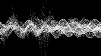 Sound waves. Dynamic effect. Vector illustration with particle. 3D grid surface.