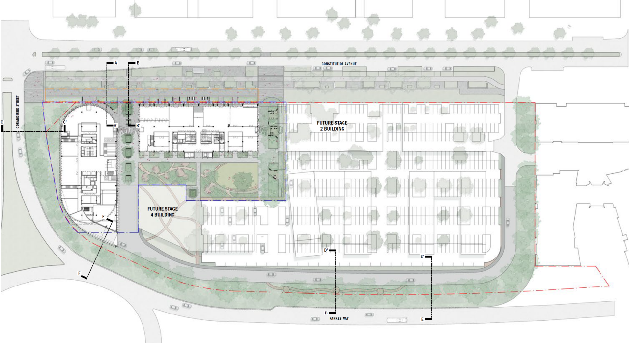 Plan of proposed stage 1 buildings and landscape for UNSW Canberra City