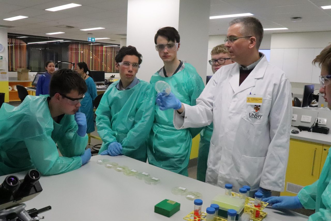 Students in lab practical looking at petri dish